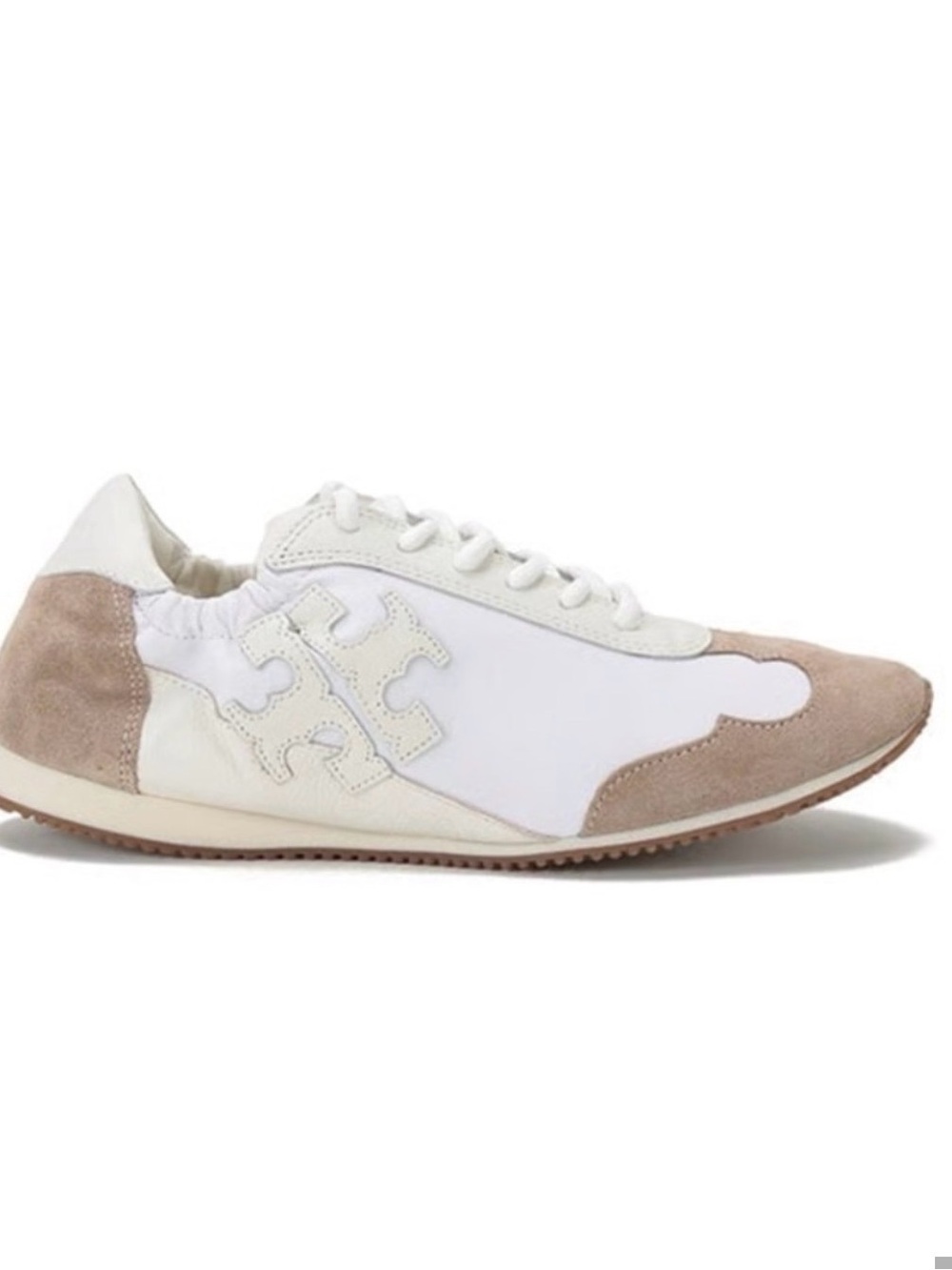 Tory Burch Women's White and Taupe Suede-Trim Fashion Sneaker Size 9